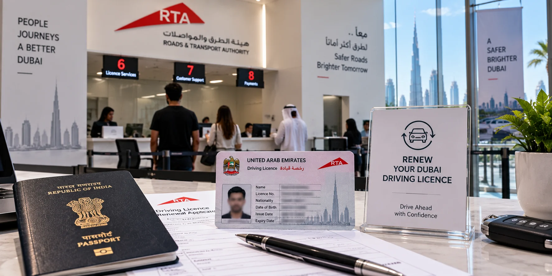 Age and residency category determine the renewed licence term; RTA's late-renewal fine is other.