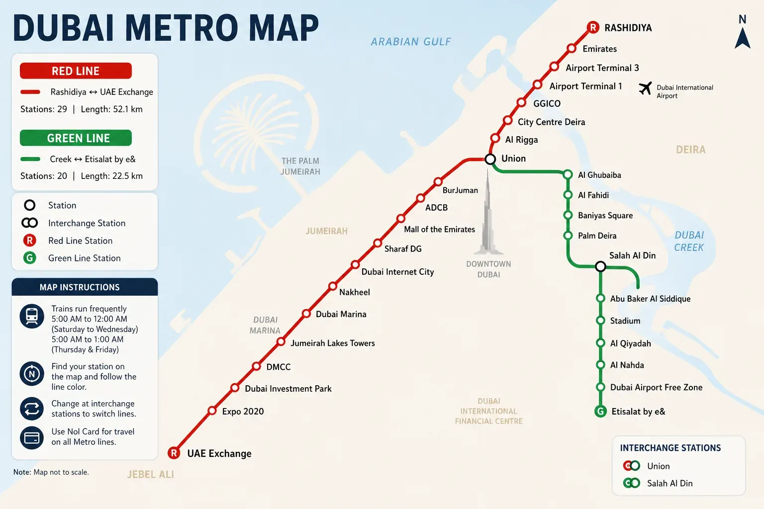 Dubai Metro map showing Red Line Green Line and Route 2020 stations